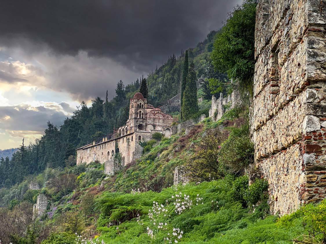 Dark clouds roll over the mountains in Mystras, Greece