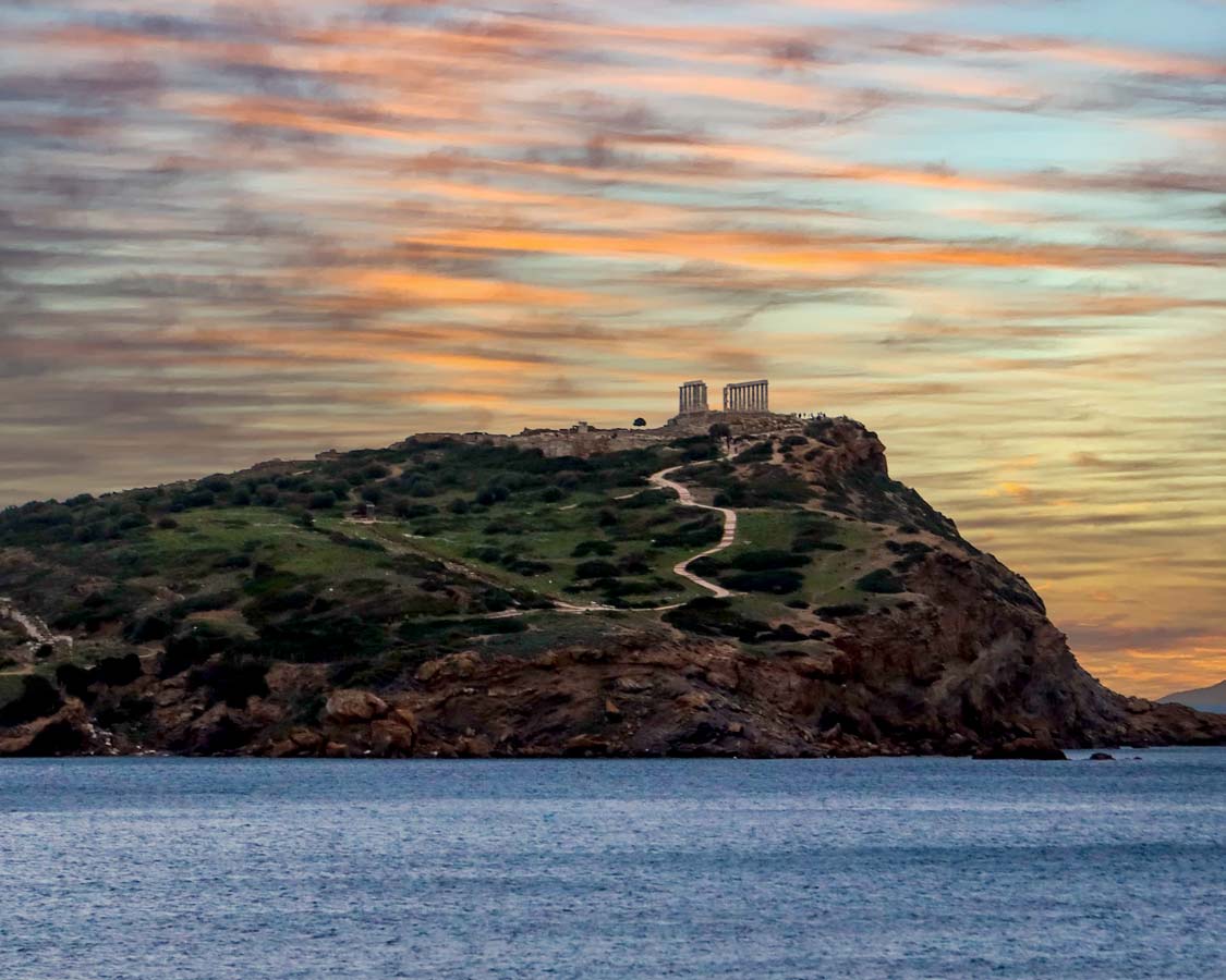 Cape Sounio, the Ancient Village, and Temple of Poseidon from Sounio Beach