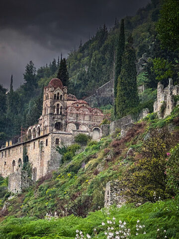 Pandanassa Convent overlooking the ruins of Mystras, Greece