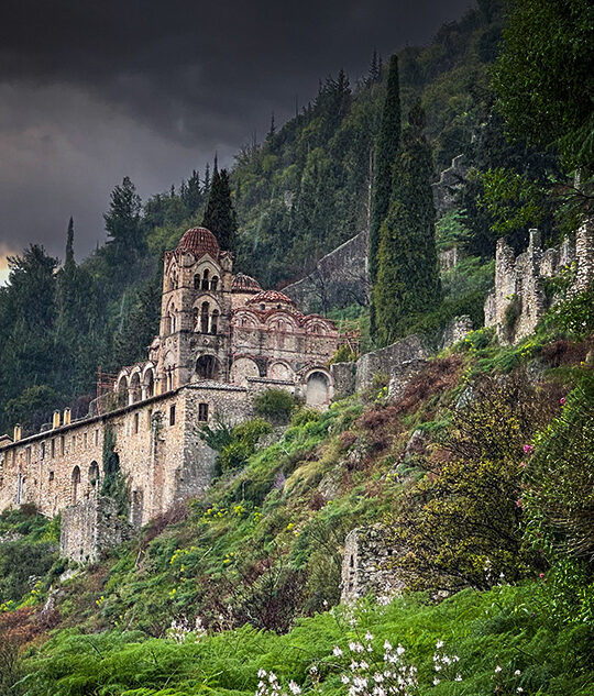 Pandanassa Convent overlooking the ruins of Mystras, Greece