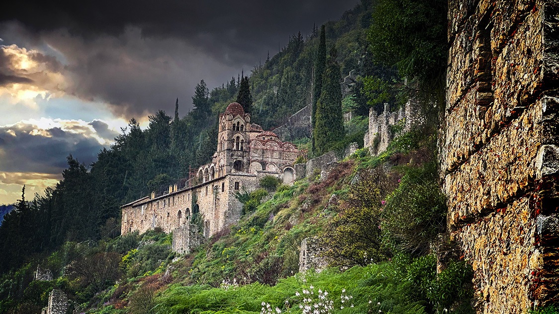 Pandanassa Convent overlooking the ruins of Mystras, Greece