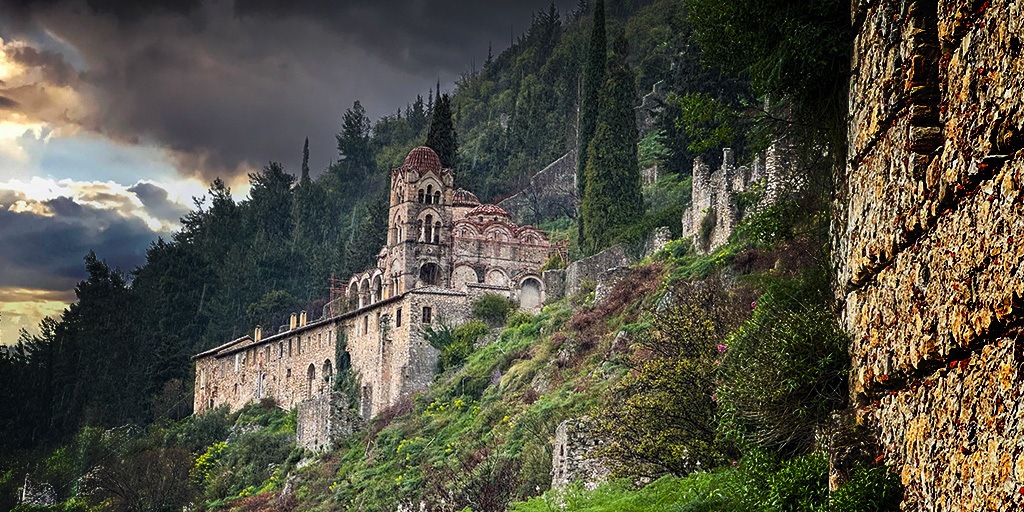 Pandanassa Convent overlooking the ruins of Mystras, Greece