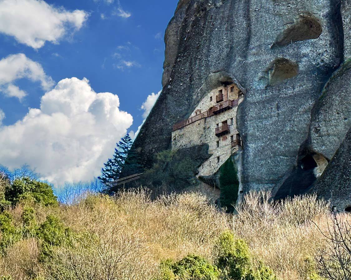 Badovas Monastery carved into the cliffs of Meteora, Greece