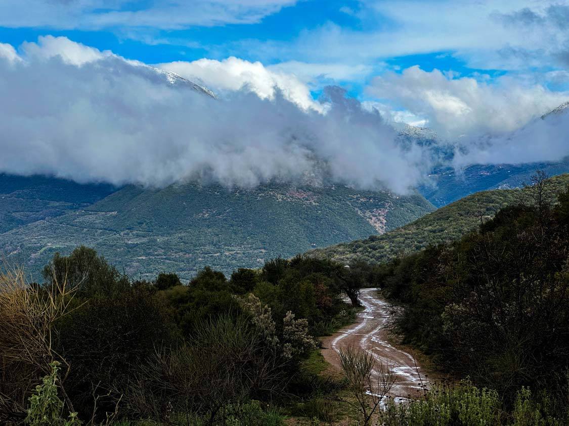 Mountain passes dusted with snow in Central Greece