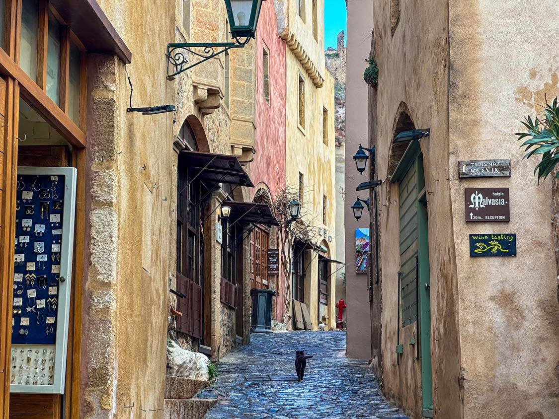 A cat wanders the streets of upper Monemvasia