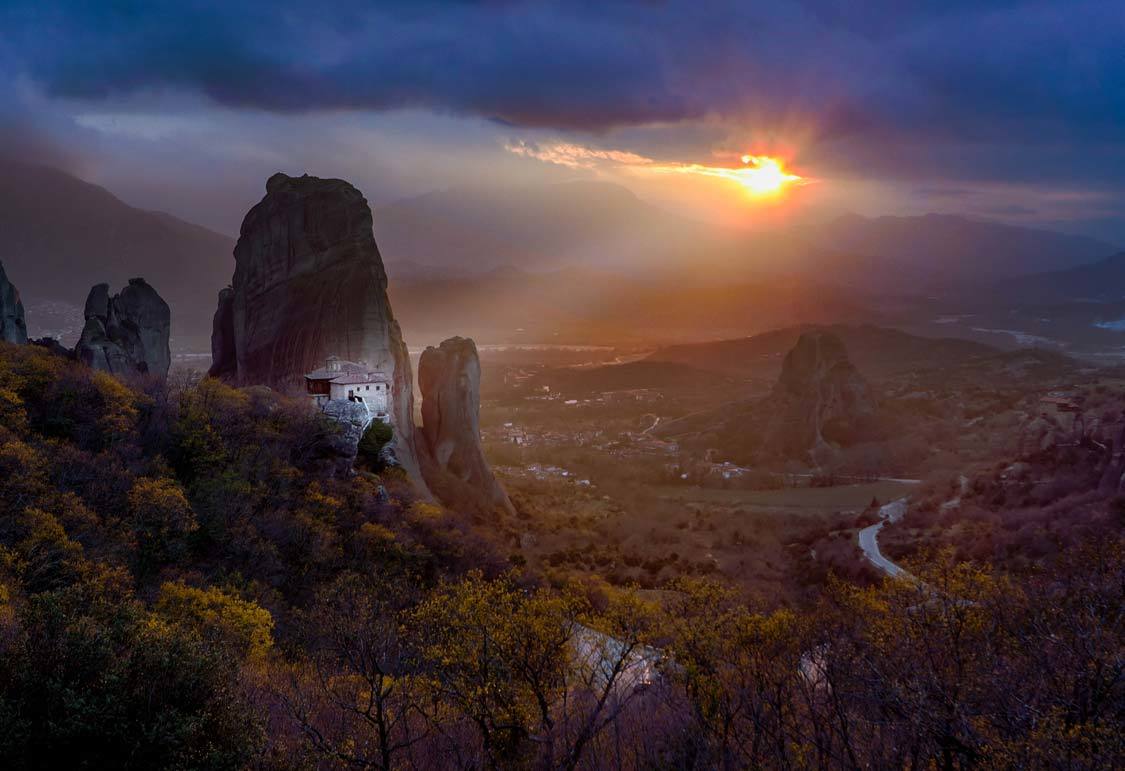 Roussanau Nunner lit by the sun in Meteora, Greece