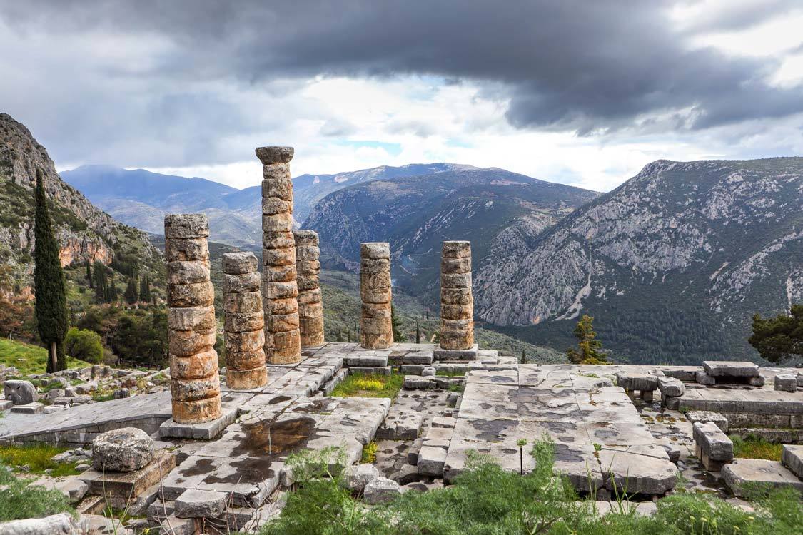 Ruins and columns in Delphi, Greece