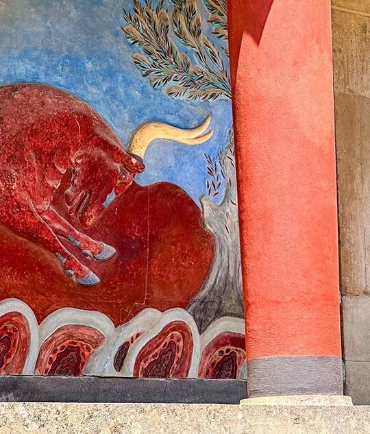 Frescoe of a red bull at the Palace of Knossos during one day in Heraklion