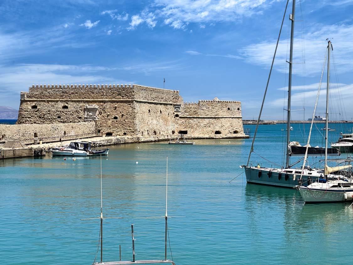 The 16th century Rocca a Mare Fortress at the end of a pier in the Heraklion Harbor