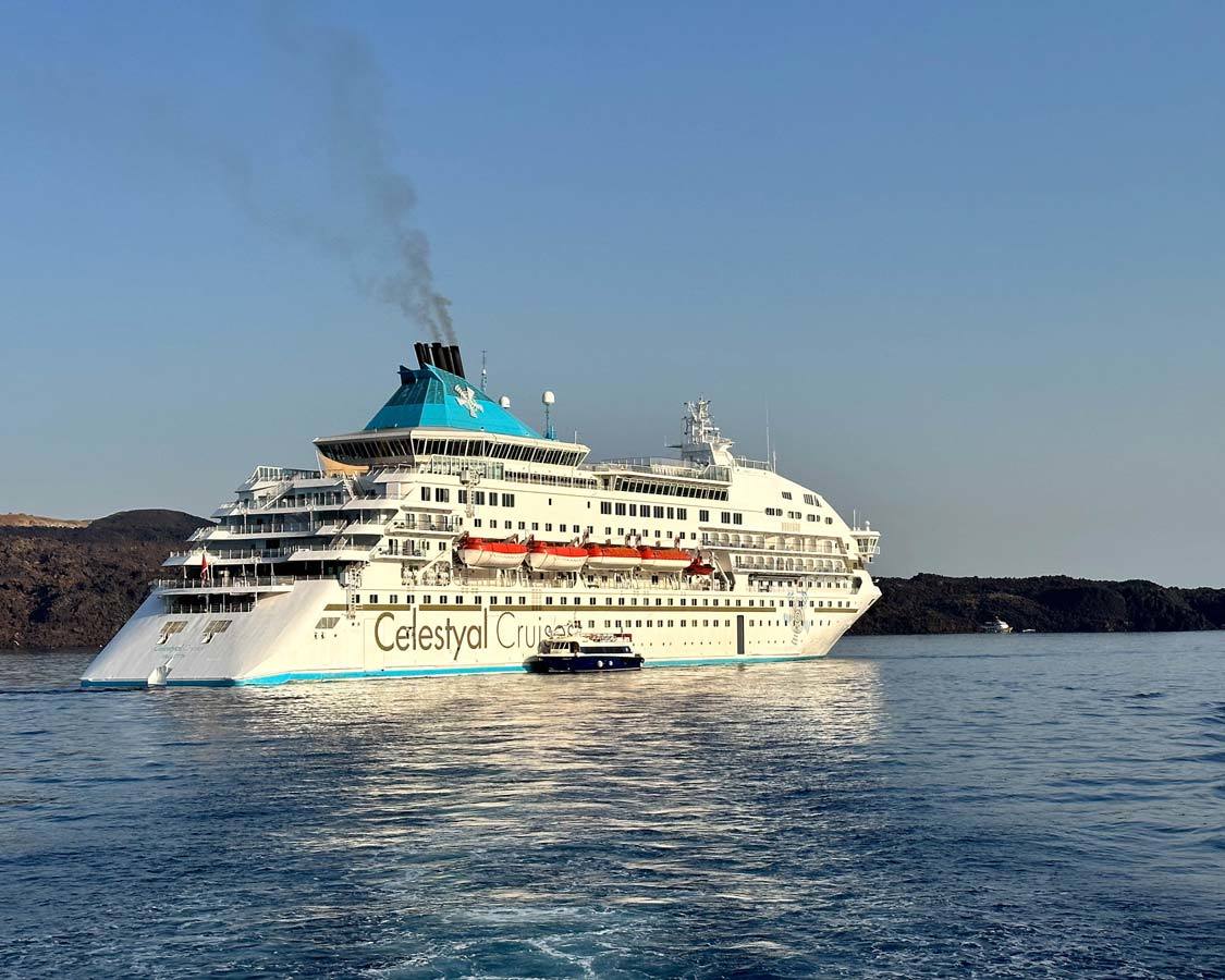 The Celestyal Crystal cruise ship in Santorini, Greece