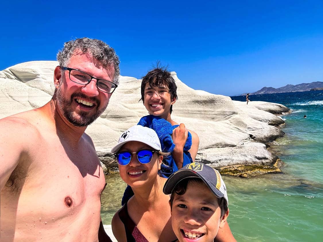 The Wagar family at Sarakiniko Beach on Milos, Greece