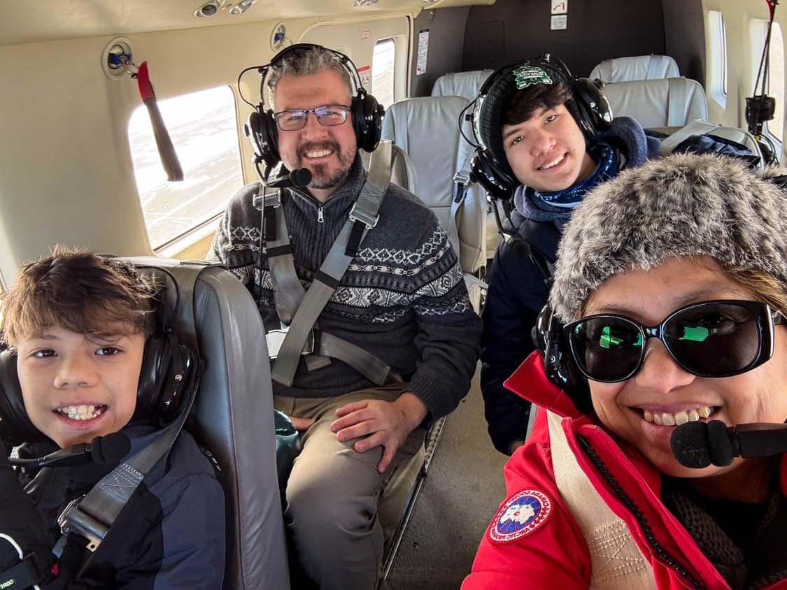 Wandering Wagars family take a selfie in a float plane in Trois-Rivieres,. Quebec