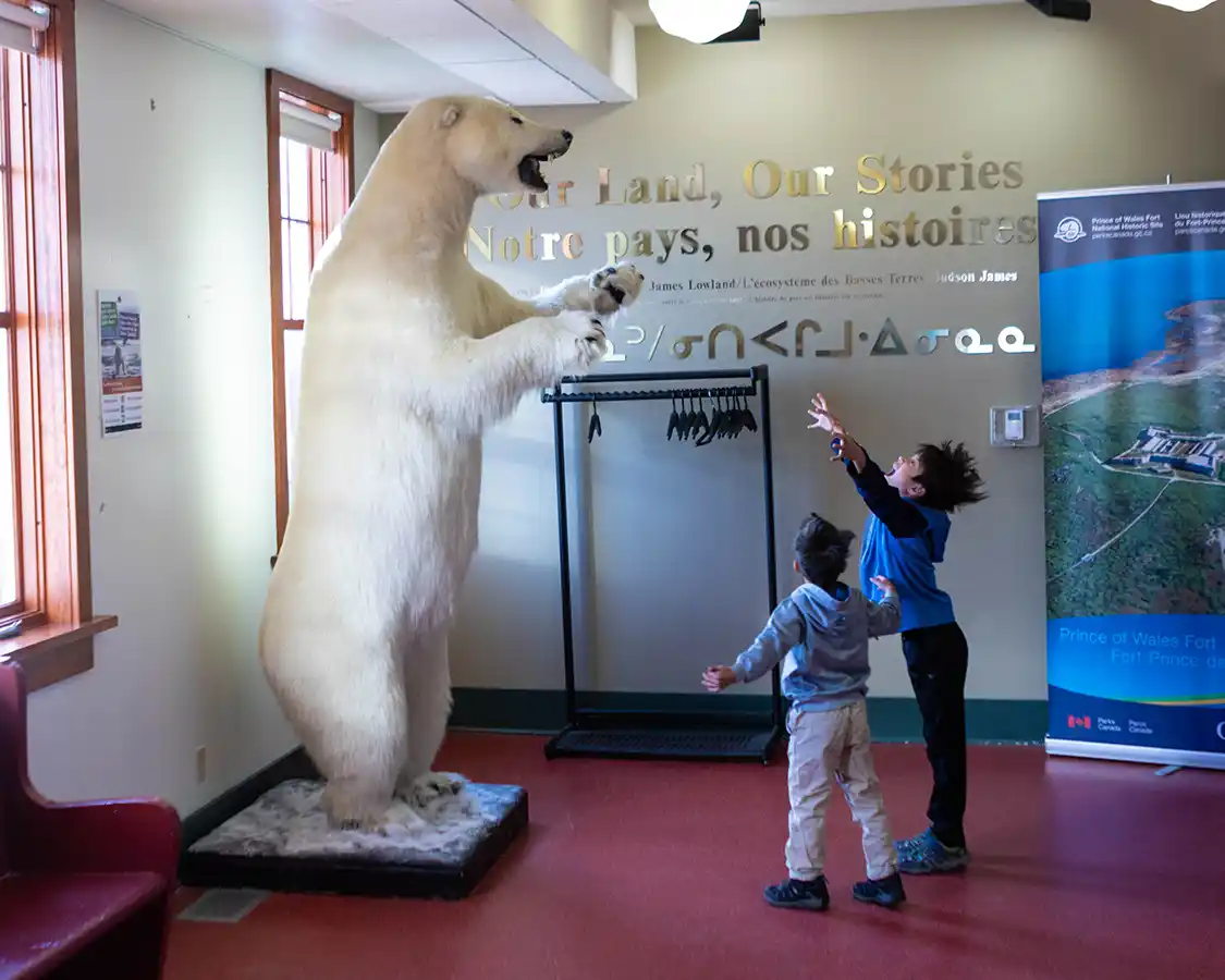 Two boys look at a massive polar bear at the Wapusk National Park Visitors Centre