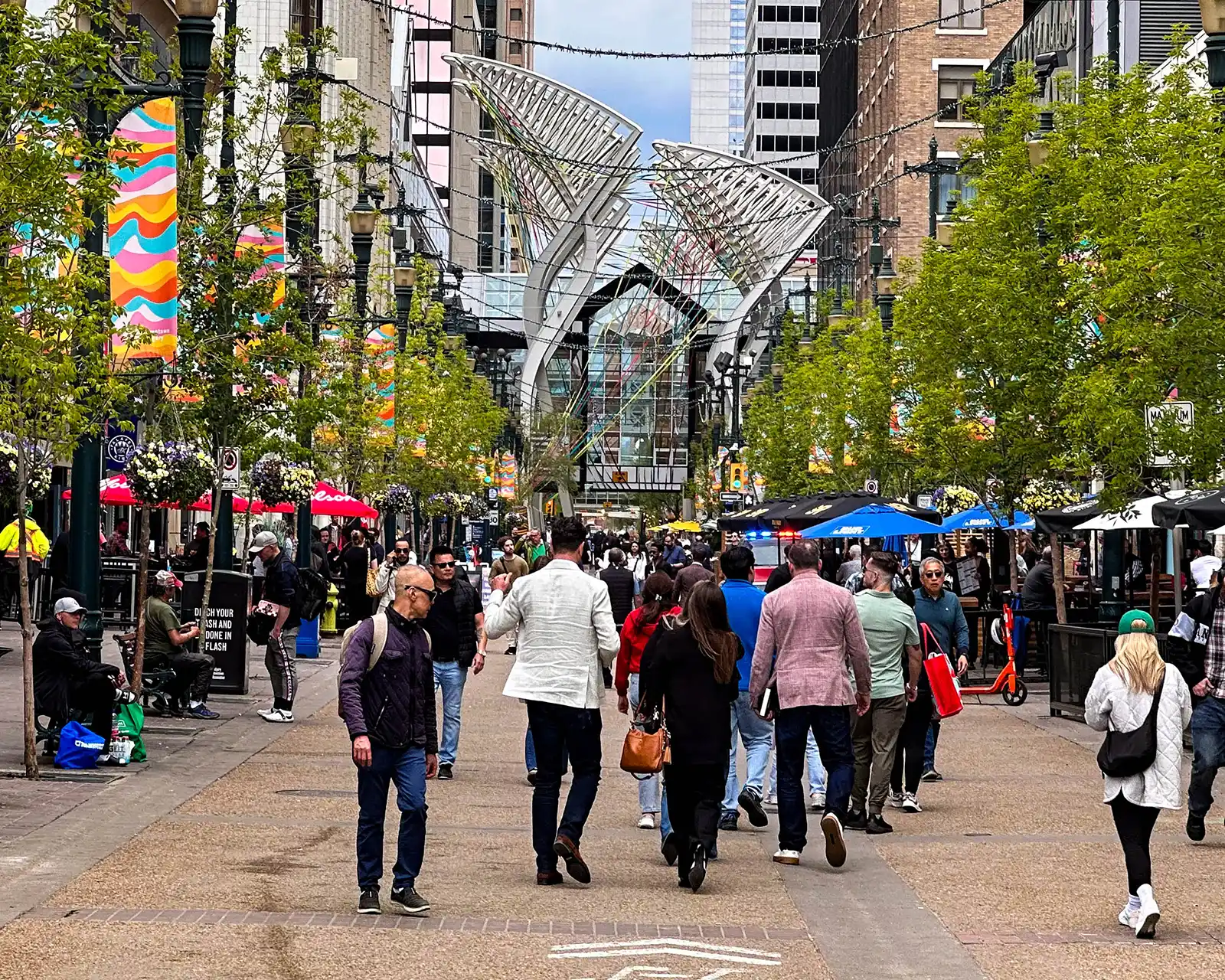 Crowds gather on the pedestrian-friendly Stephens Ave in downtown Calgary