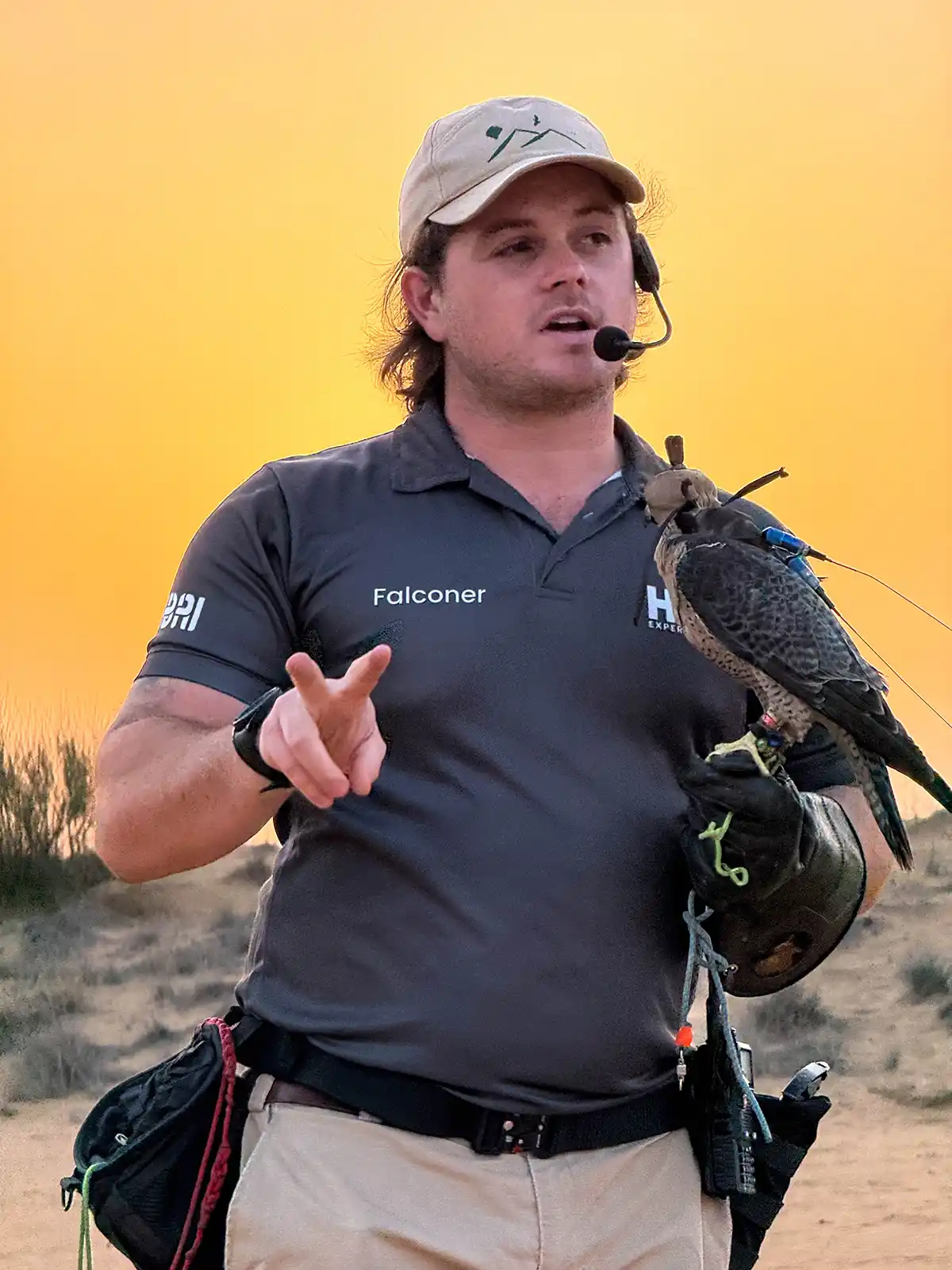 A falconer on the Platinum Heritage Dubai desert tour explains Emirati traditions