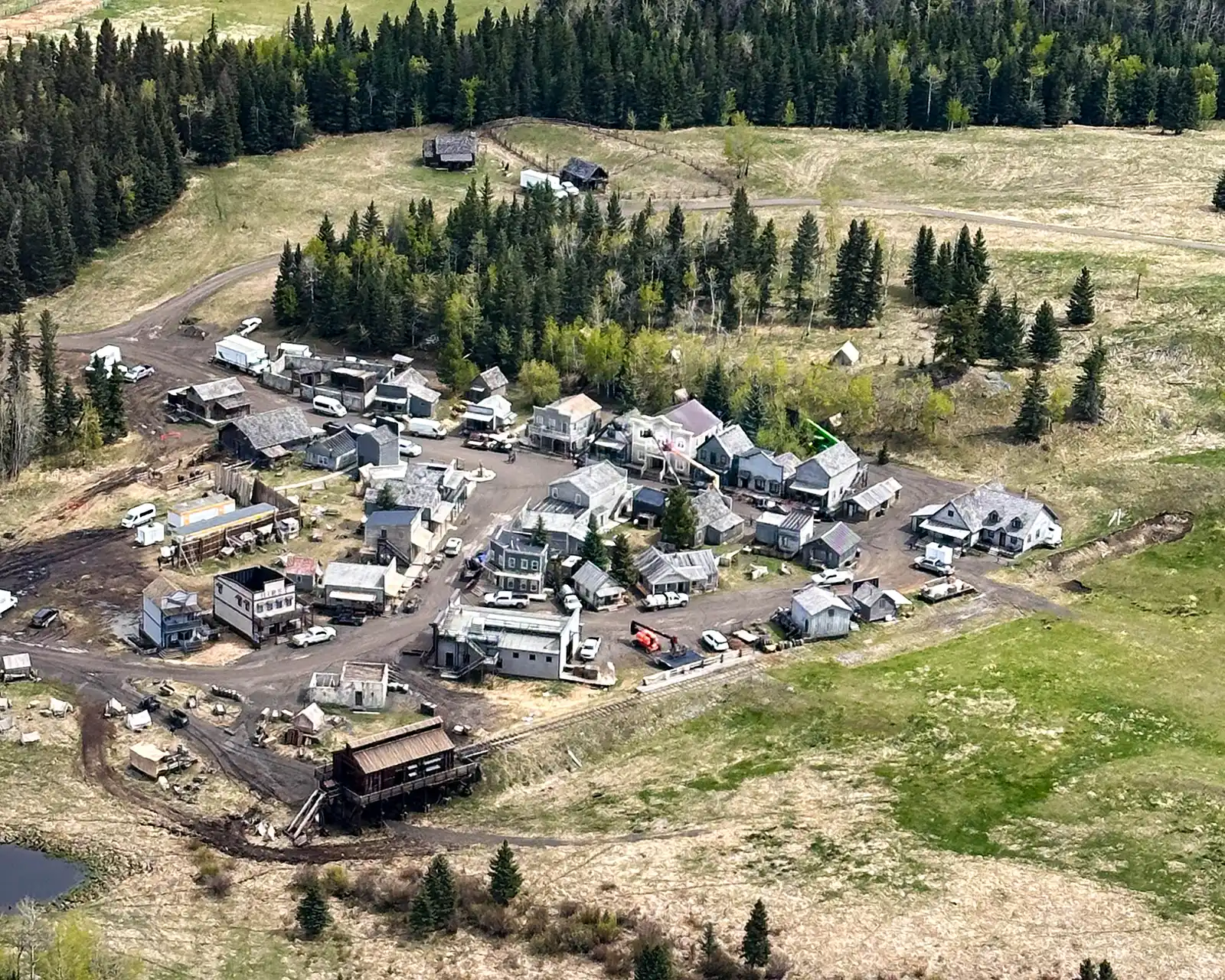Film set just outside of Calgary seen from a Mountainview Helicopter tour