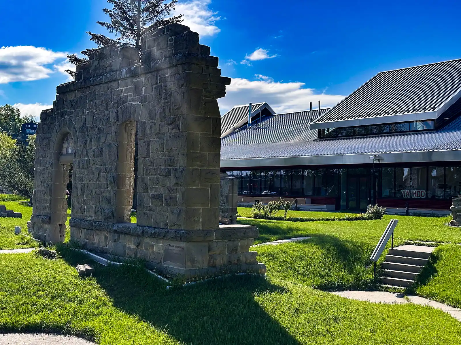 Historic wall of Calgary's first hospital in front of the Sam Centre