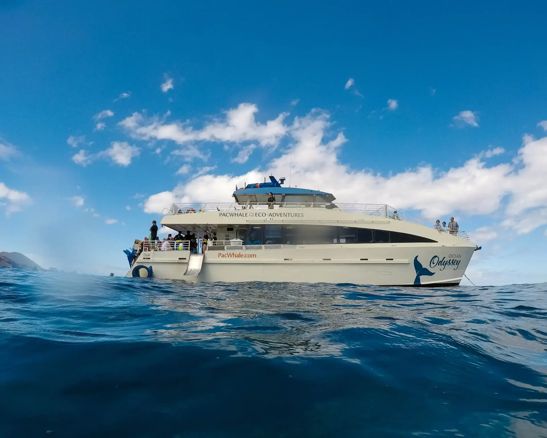 A Pacific Whale Foundation boat floats in the water off of Molokini, Hawaii