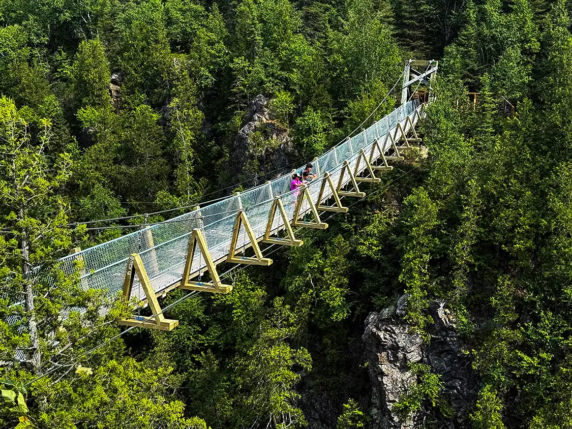 A mother and her two sons look out from a suspension bridge in Aiguebelle National Park, Quebec