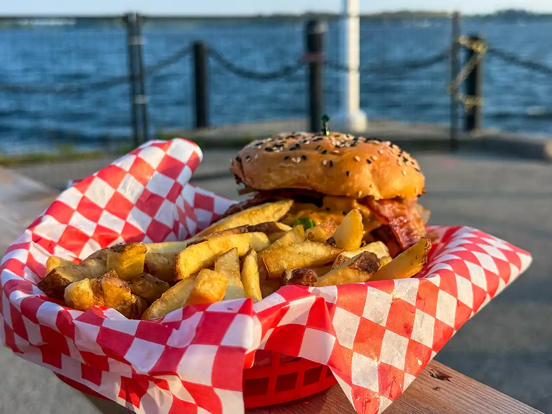 Burger and fries from The Pier Patio and Bar at Myers Pier in Belleville