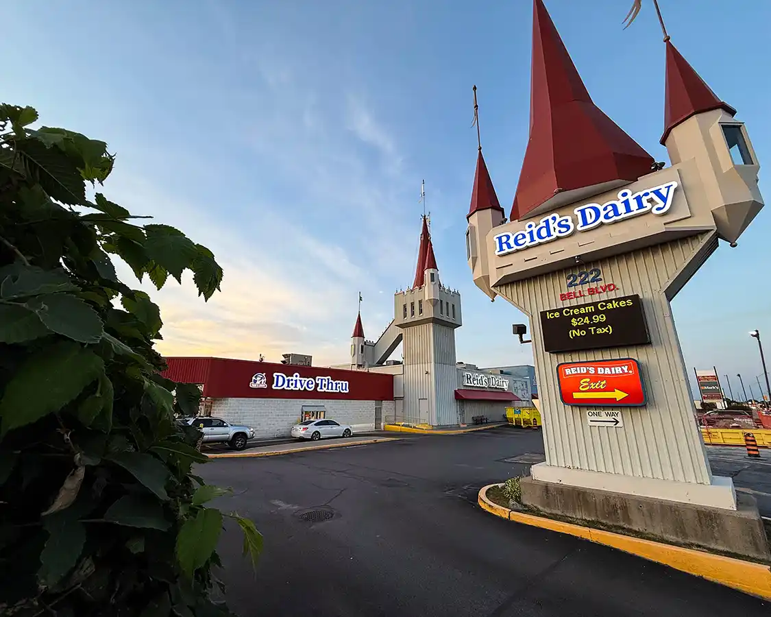 Castle-like spires at Reids Dairy Plaza in the Bay of Quinte