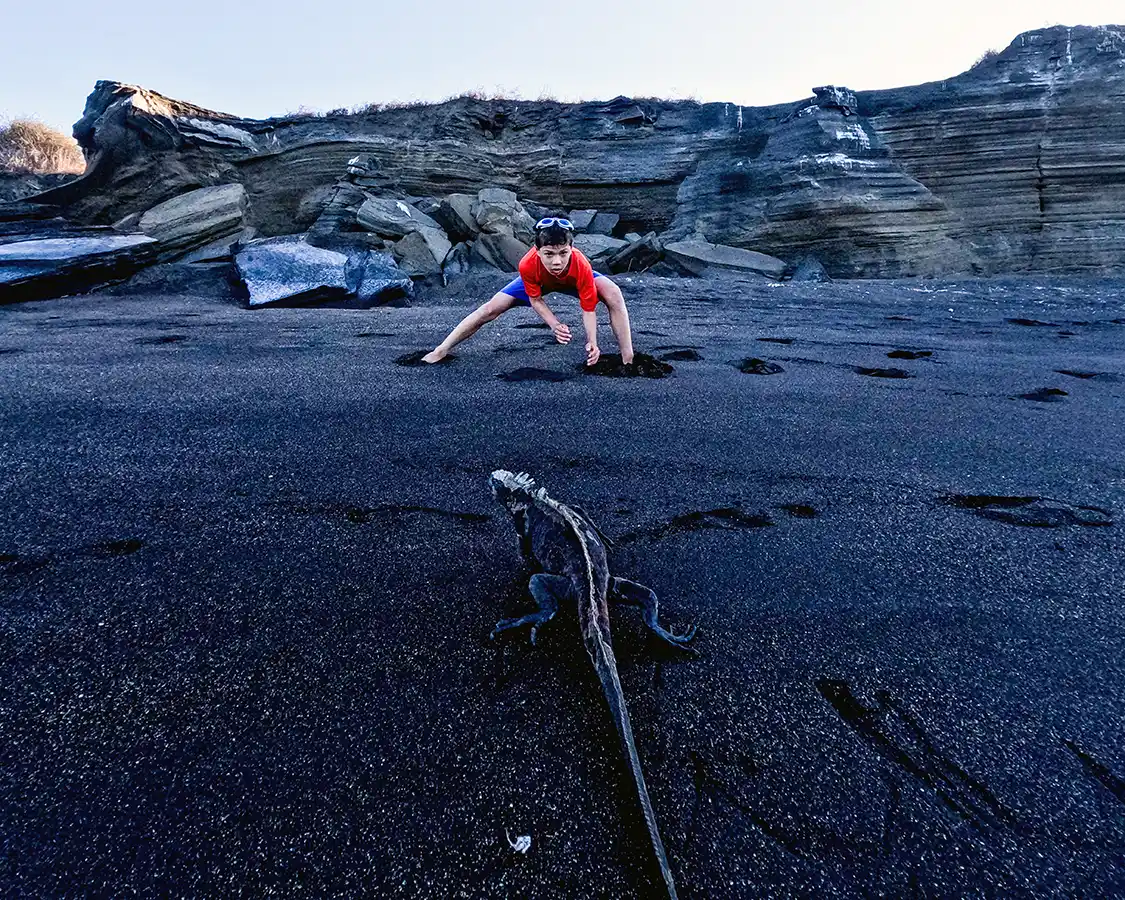 A young boy stares down an approaching marine iguana on San Cristobal Island in the Galapagos