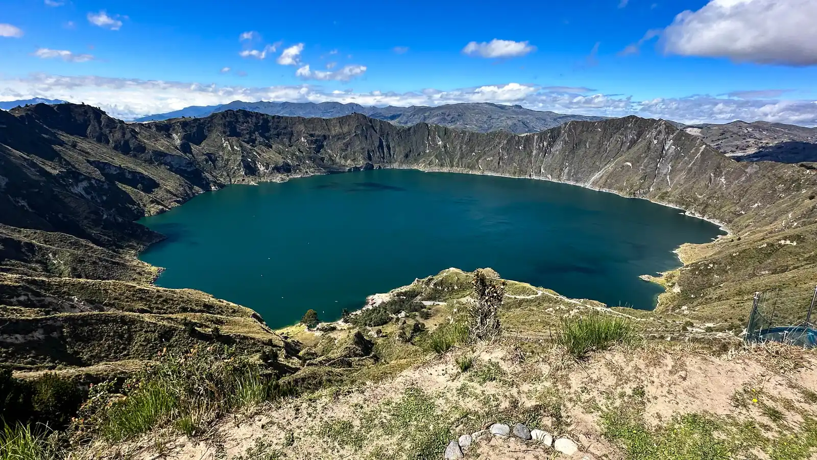The beautiful Quilotoa Ecuador volcanic crater with turquoise water surrounded by steep cliffs