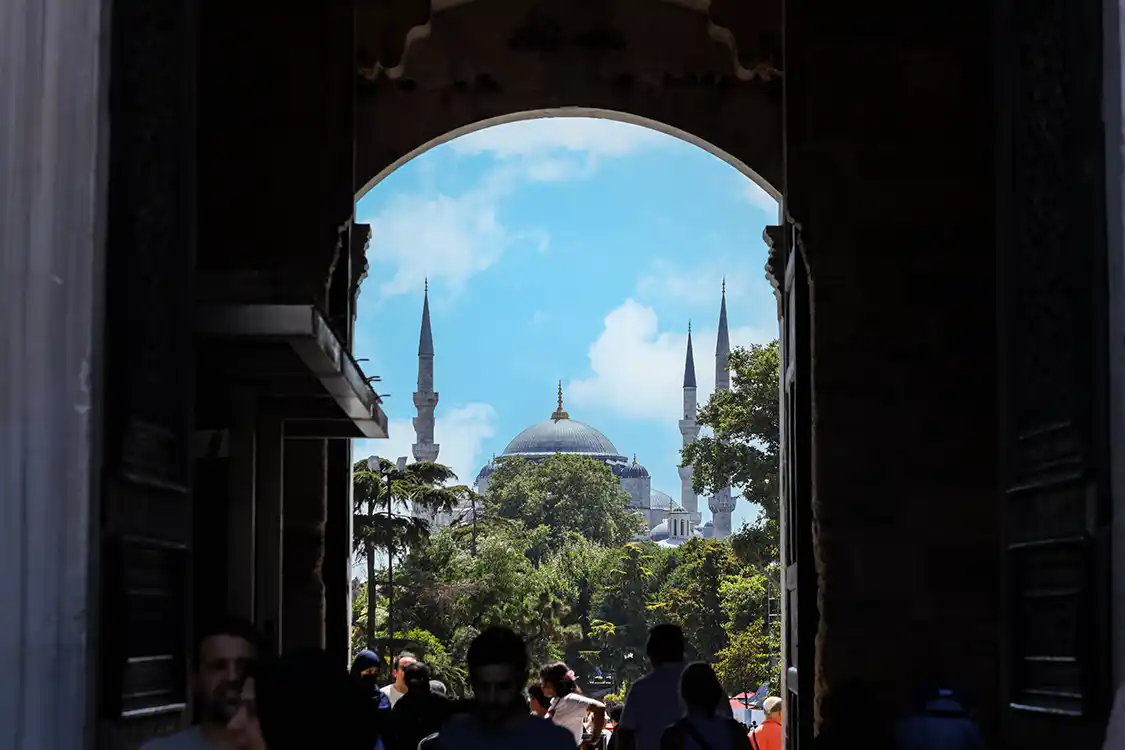 Blue Mosque in Istanbul through the doors of Topkapi Palace