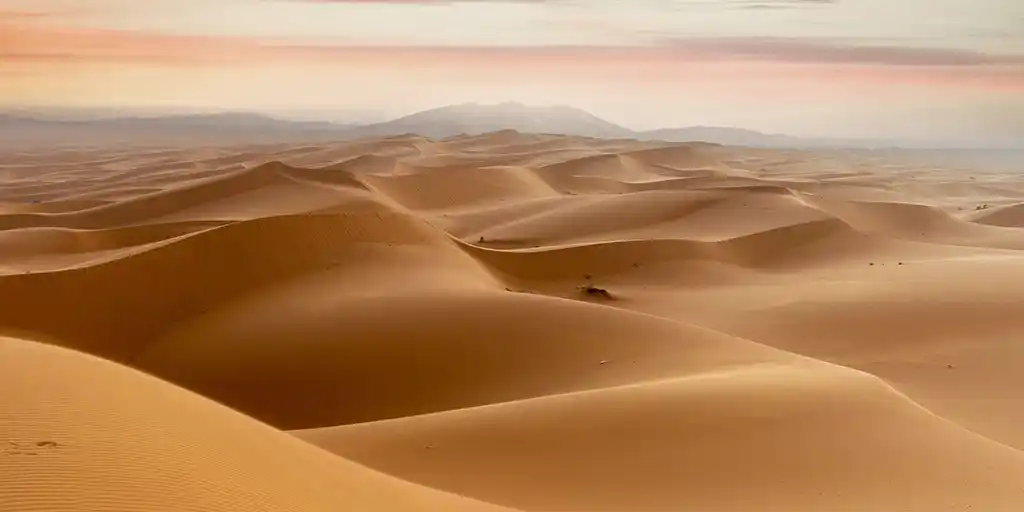Sand dunes in Morocco's Sahara Desert at sunset