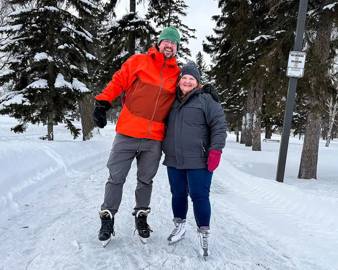 Kevin Wagar and Erin Simmons share a moment on the Vickers Park skating trail in Thunder Bay
