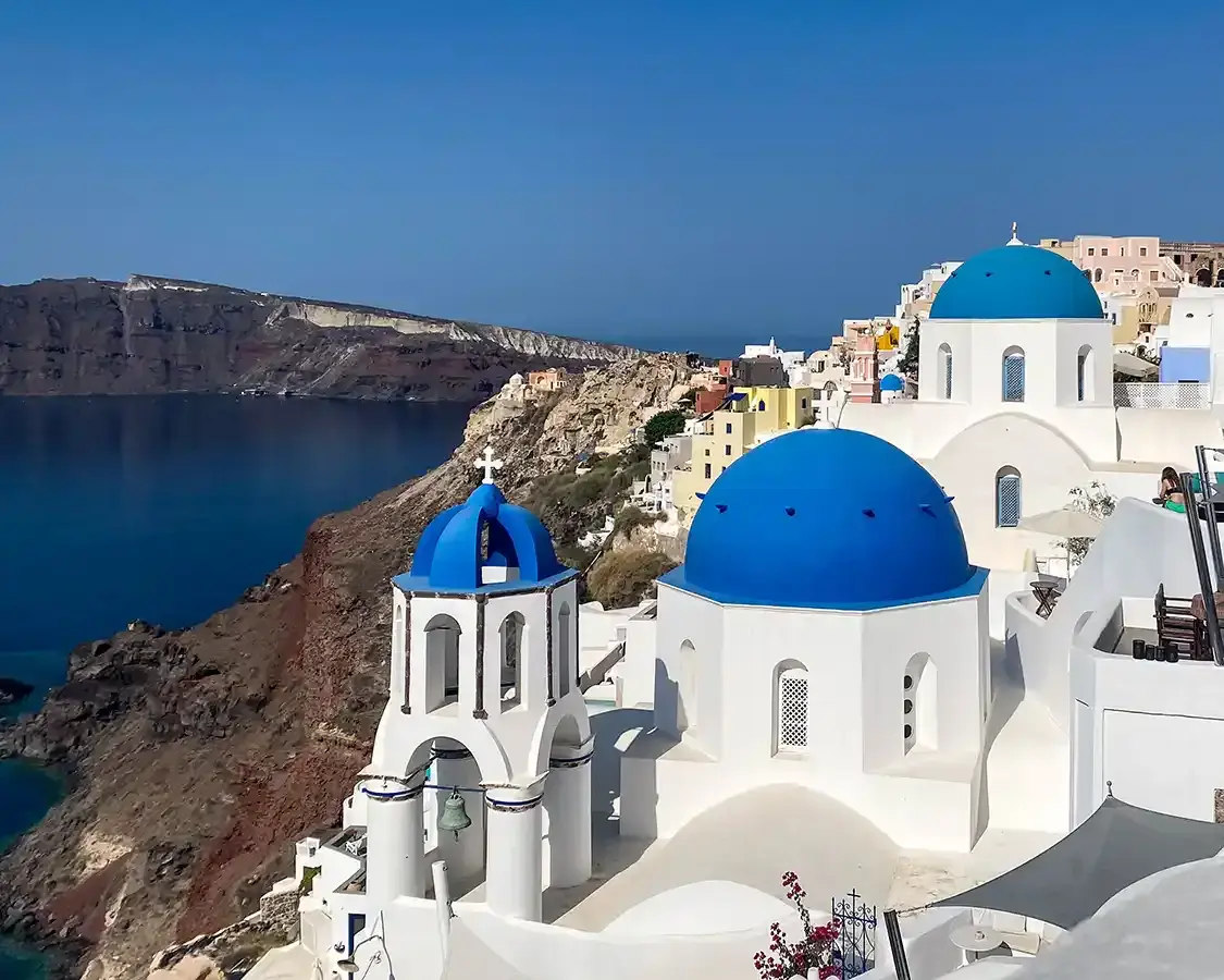 The blue domed rooftops of Oia in Santorini Greece