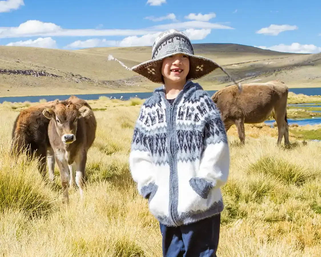 A young boy wearing traditional Peruvian clothes in a cow field in the Andean Highlands