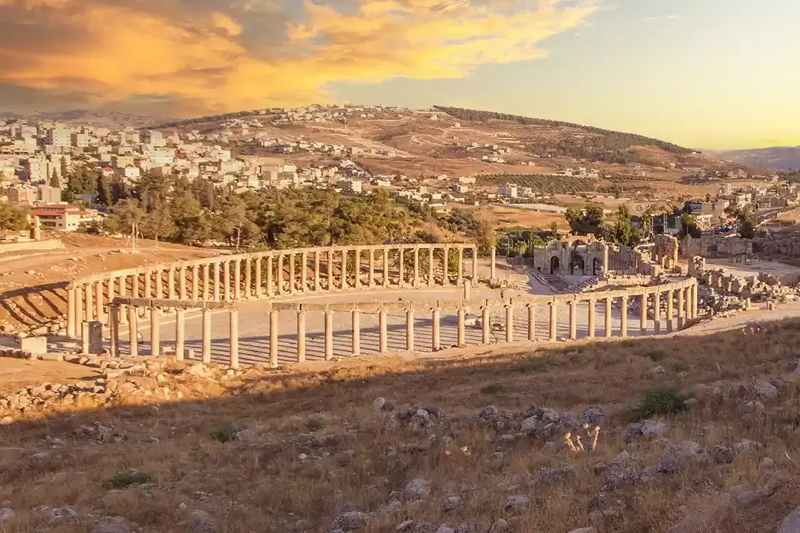 The columns of Jerash Jordan at sunset