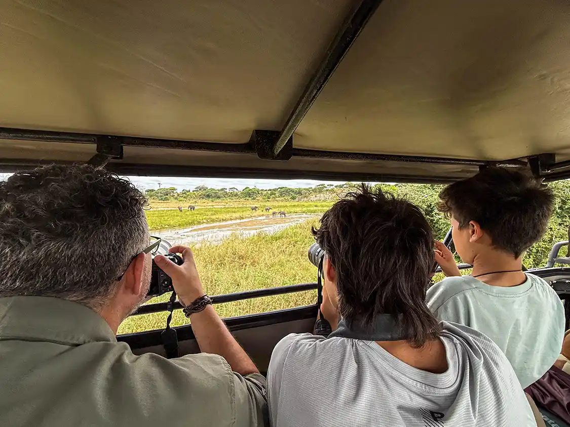 Kevin Wagar and his children take photos of elephants in Tarangire National Park