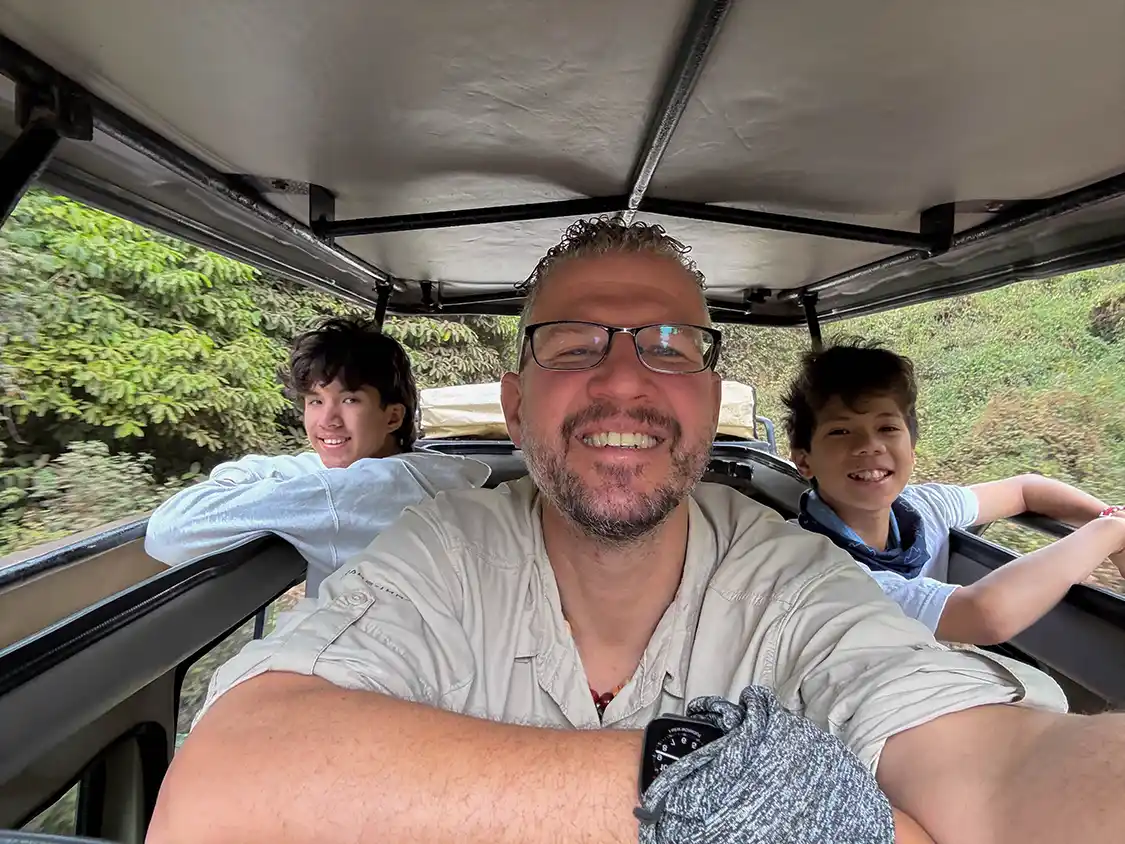 Kevin Wagar and his two sons on safari in Lake Manyara NP