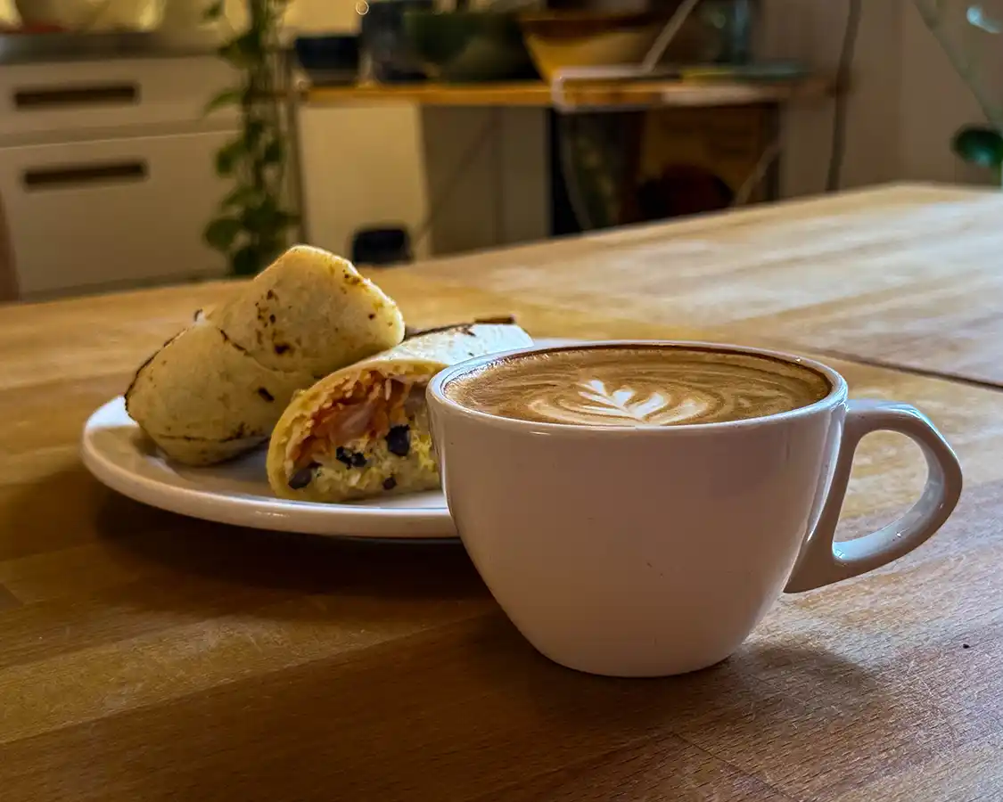 Cappuccino and Kimchi Breakfast Wrap at Rose and Rooster Cafe