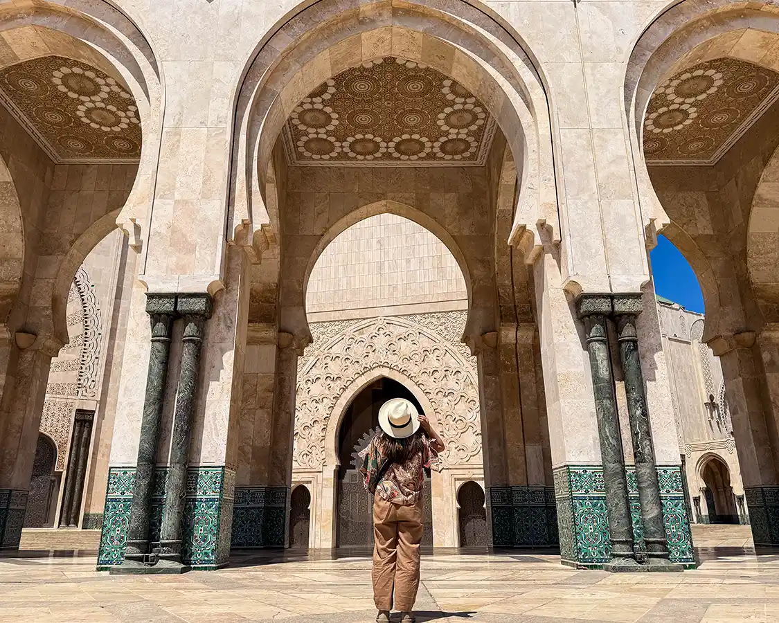 Christina Wagar looks up at the arches of the Hassan II mosque