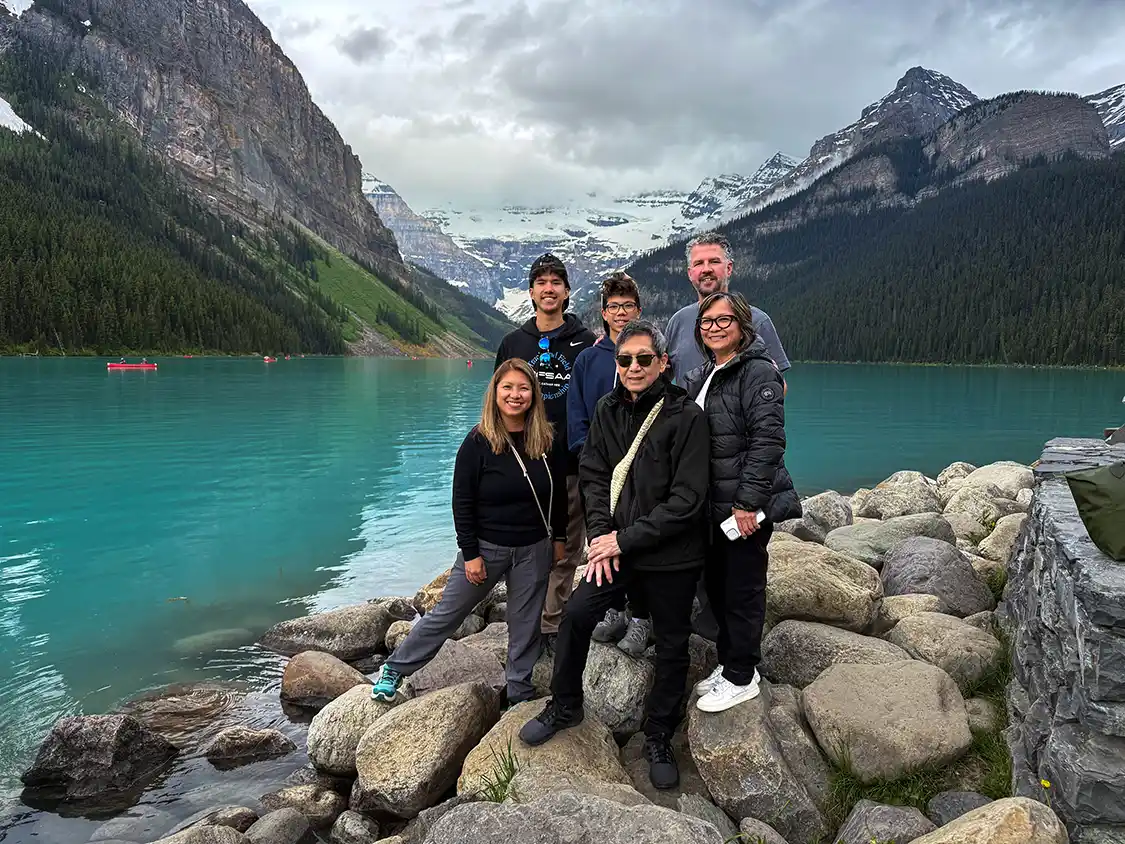 Kevin Wagar and his family along with his in-laws at Lake Louise Alberta