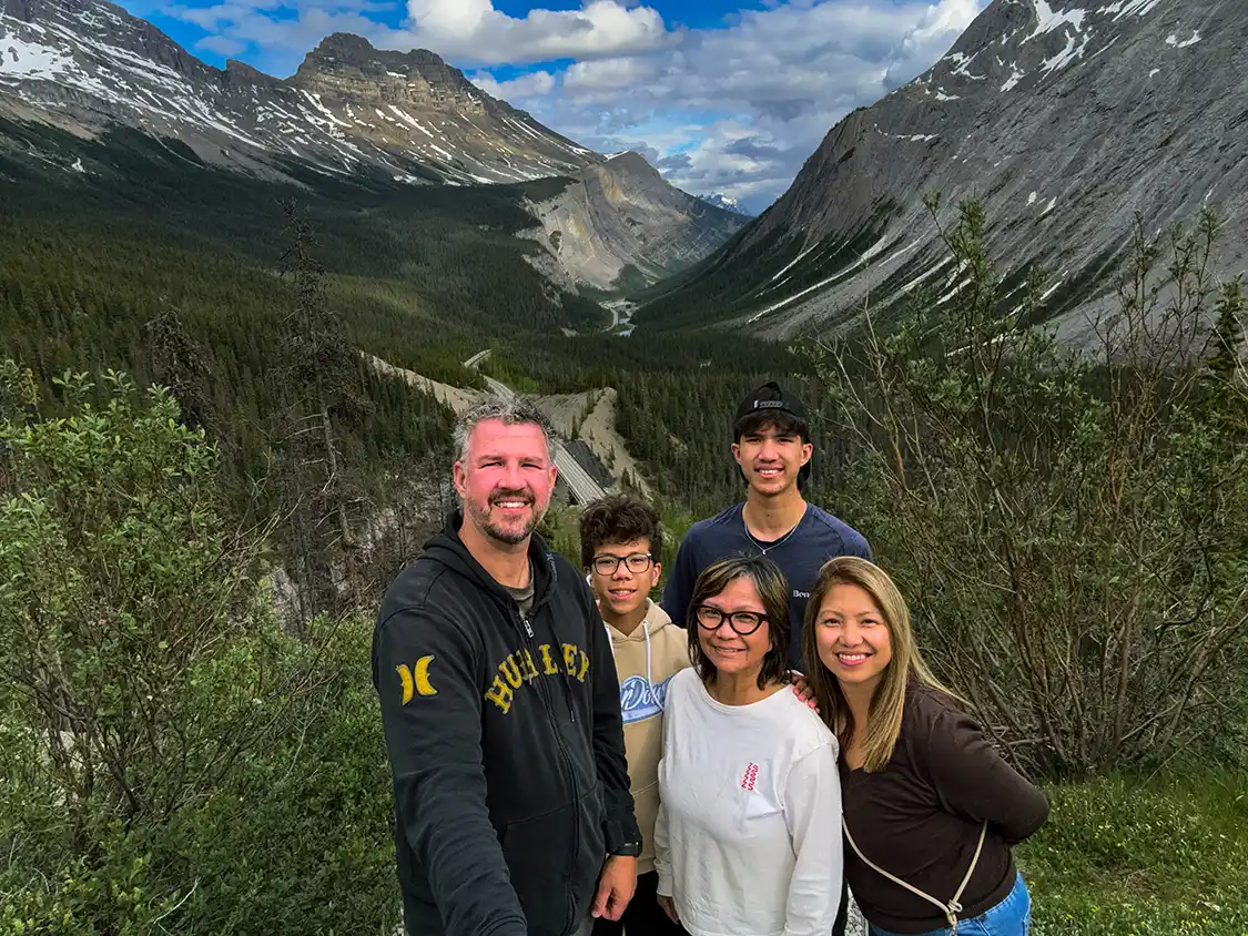 Kevin Wagar with his family and mother-in-law at the Icefields Parkway lookout