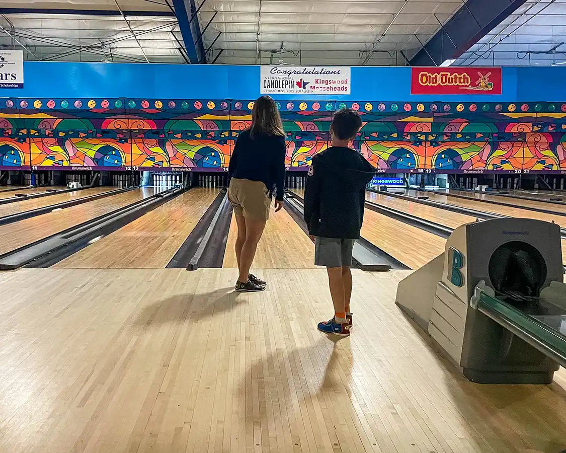 Mom and son bowling at Kingdown Entertainment in Fredericton