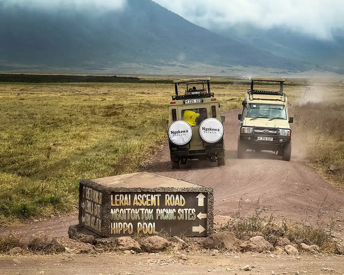 Safari trucks drive through Ngorongoro Crater