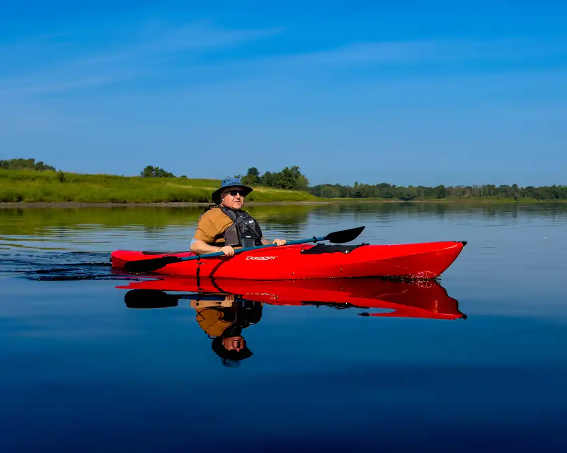 David Seabrook kayaking the Wolastoq Saint John River in Fredericton