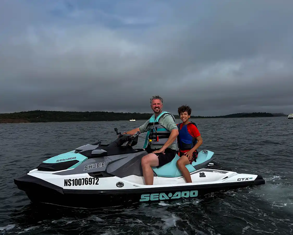 Kevin Wagar and his son Dylan jetskiing in the Halifax Harbor