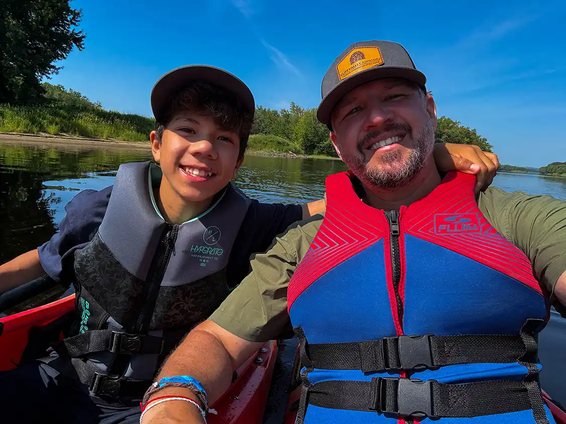 Kevin Wagar and his son Dylan paddling the Wolastoq Watershed