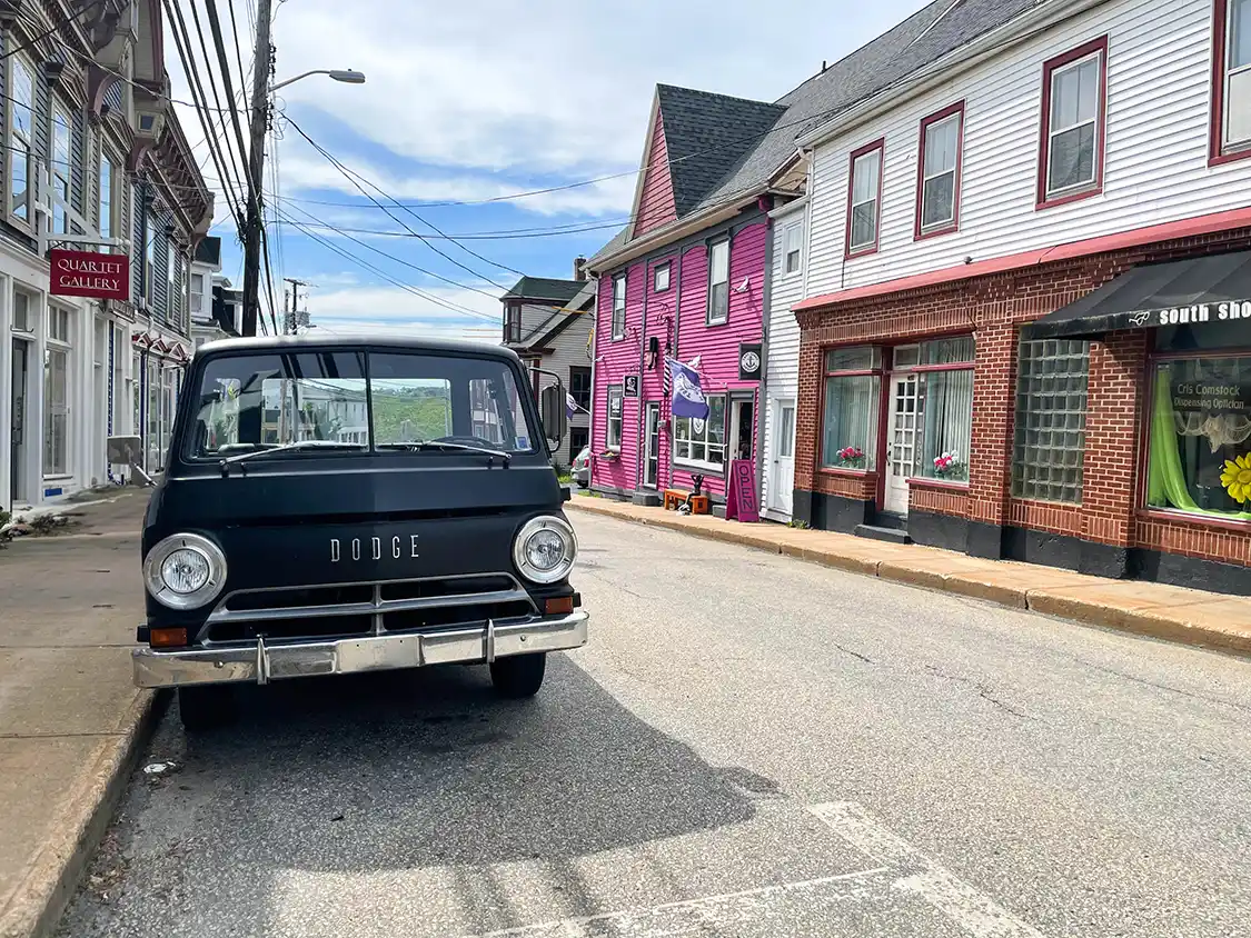 antique truck on the colorful streets of Lunenburg Nova Scotia