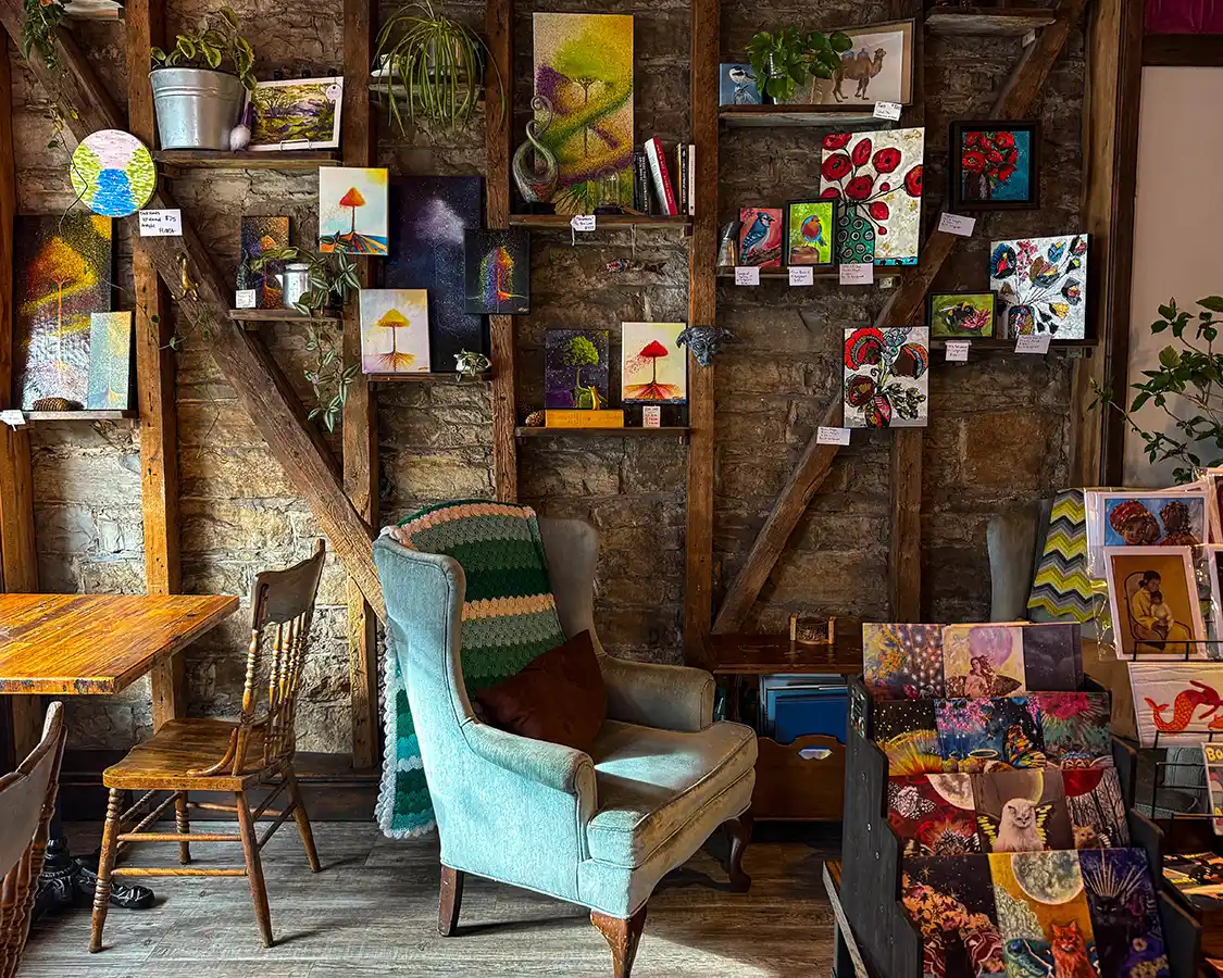 Comfortable chair and artwork at Pistachios Cafe Gananoque