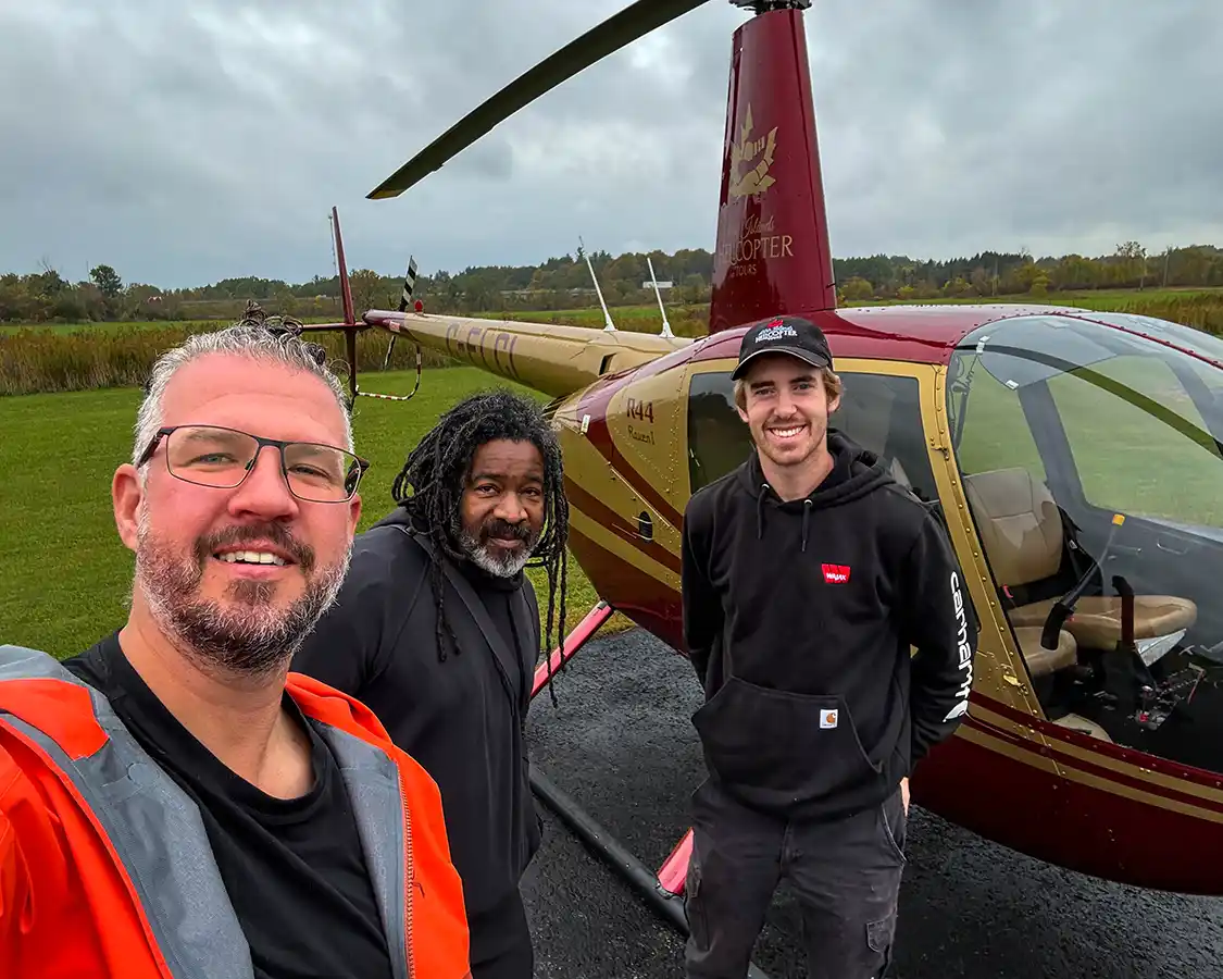 Kevin Wagar and Christopher Rudder with Pilot Quinton at 1000 Islands Helicopter Tours