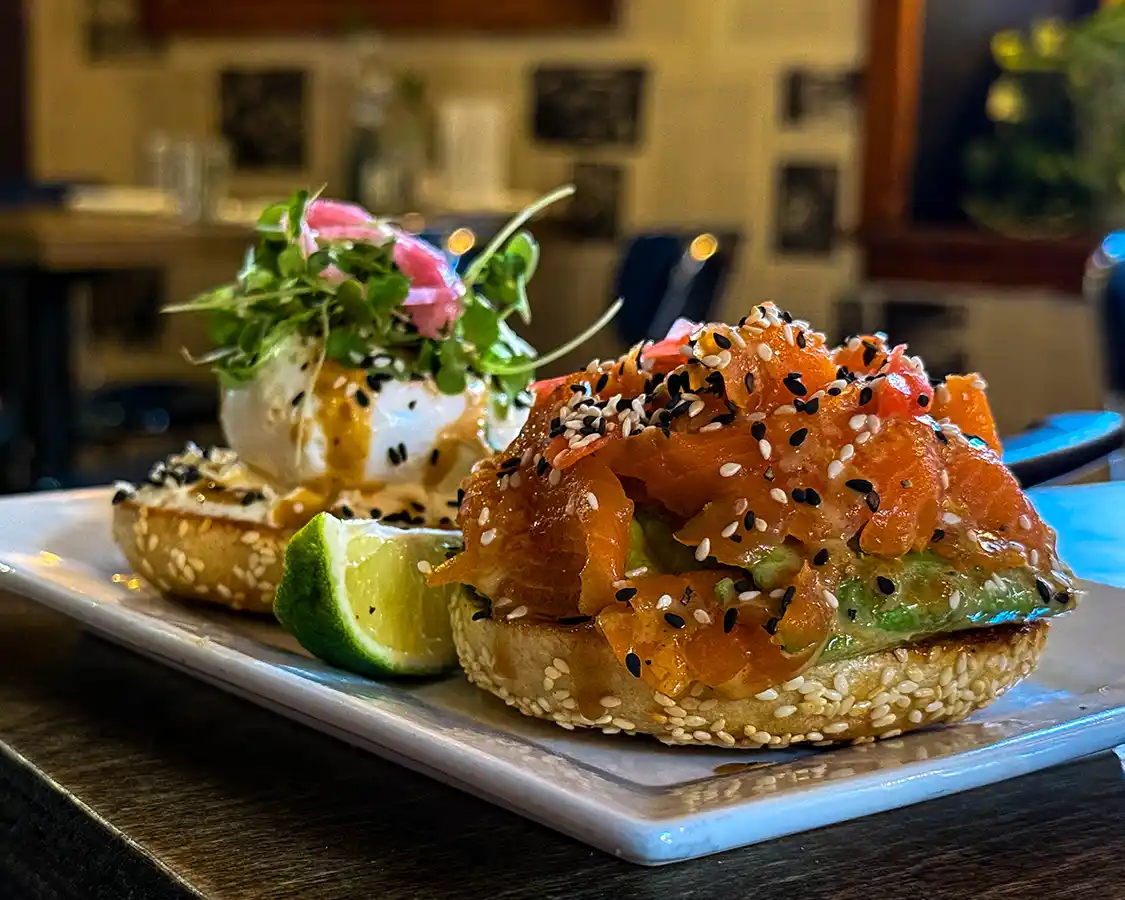 Salmon and egg bagel at Laverne's in Gananoque